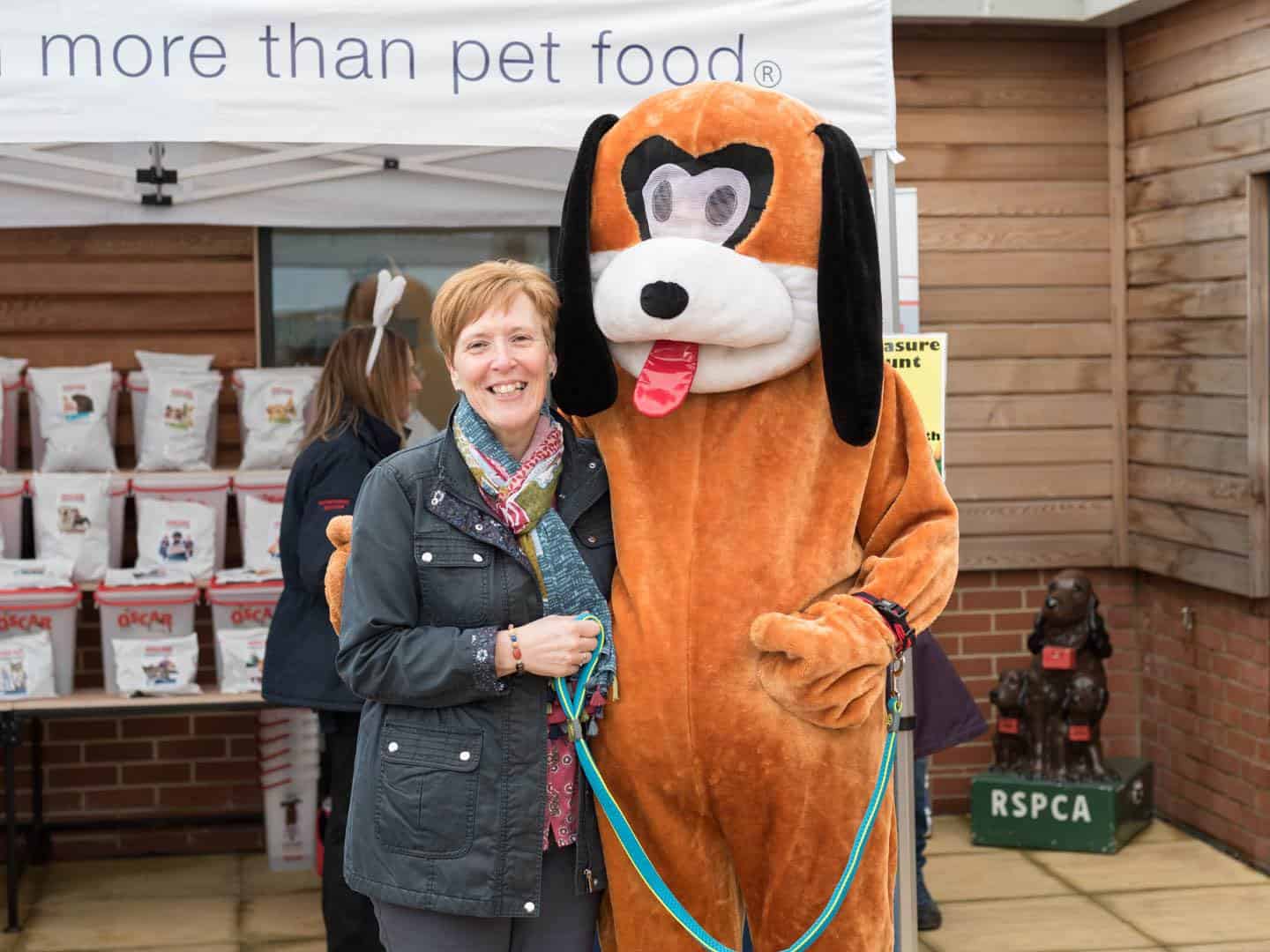 Caroline, our CEO and Bertie the mascot at the RSPCA Leeds, Wakefield & District Branch